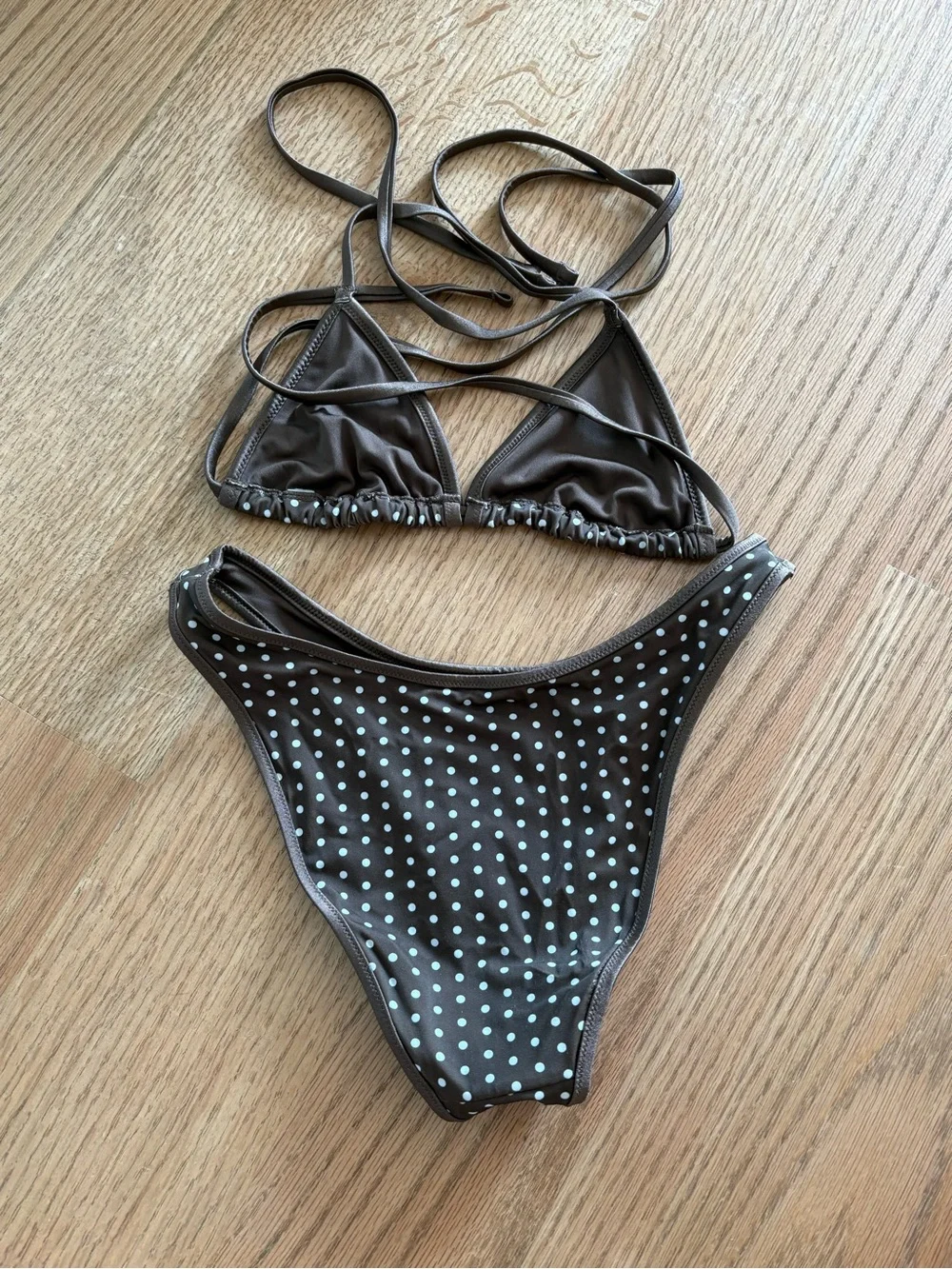 Frankie's Bikinis Brown Triangle Bikini with  Polka Dots